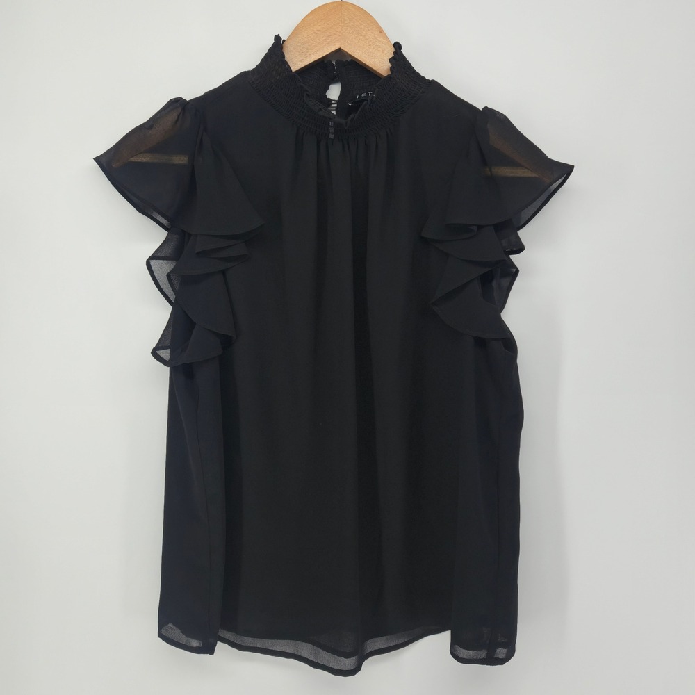 1.STATE Blouse Women M Black Smocked High Neck Ruffle Sleeve Chiffon Top 1STATE